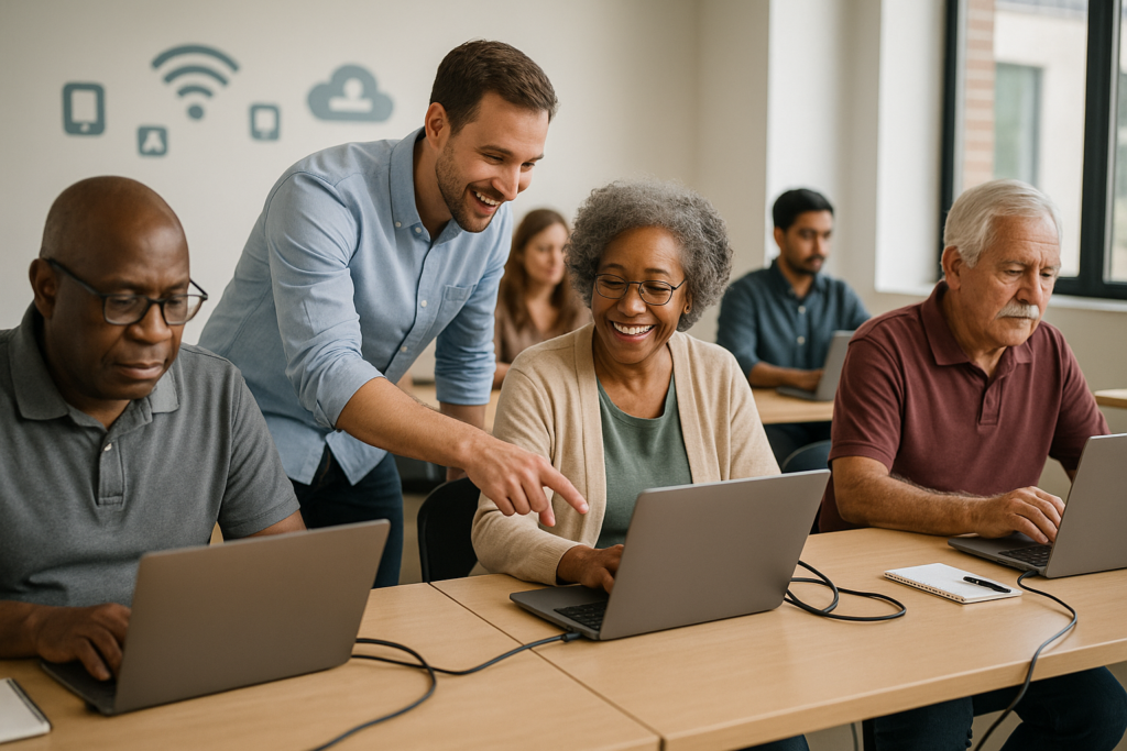 Réinsertion Numérique formation numérique en groupe dans une salle lumineuse
